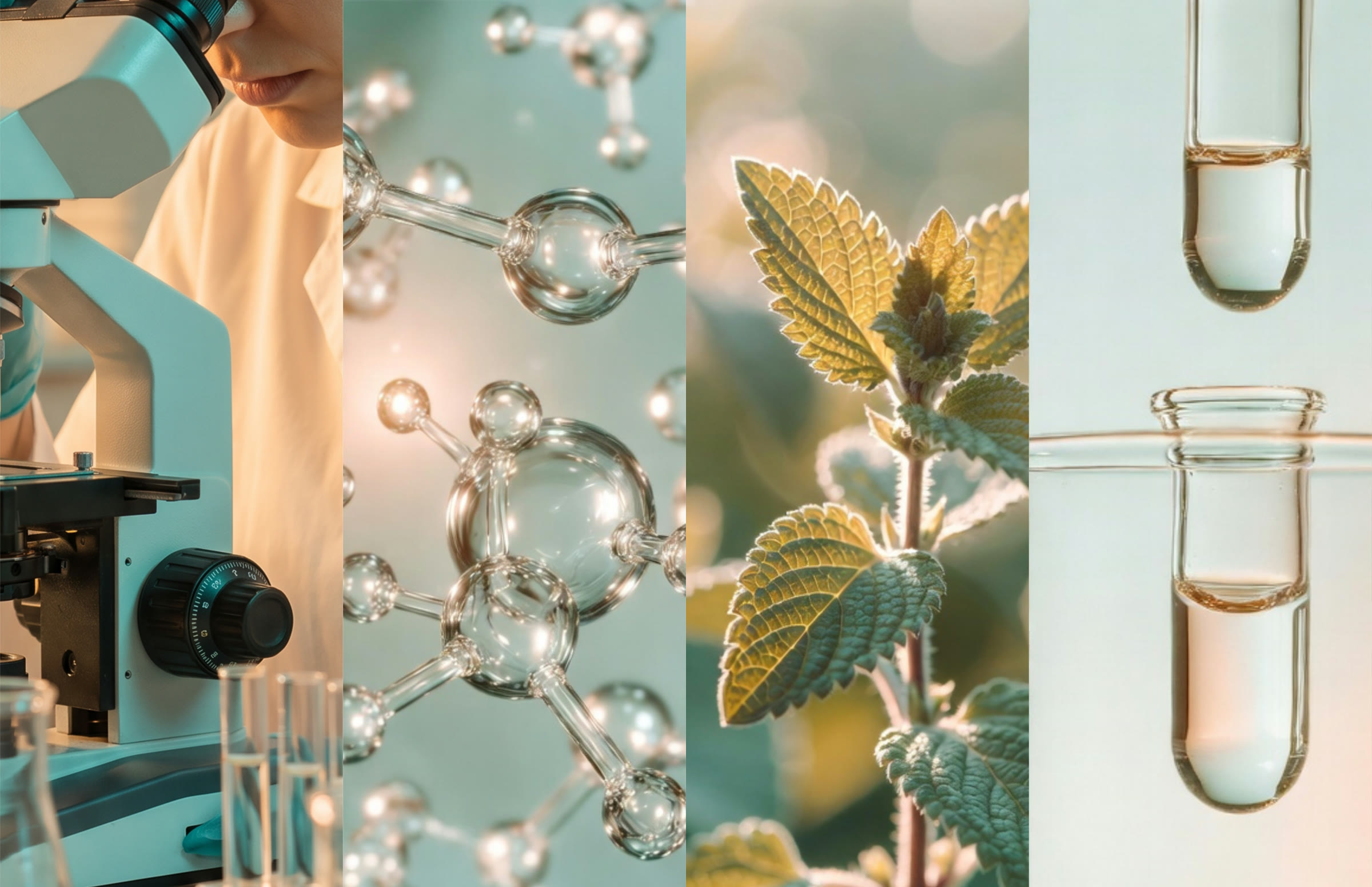 The Secco process in four panels: a researcher at a microscope, a molecular structure, a botanical leaf, and laboratory test tubes